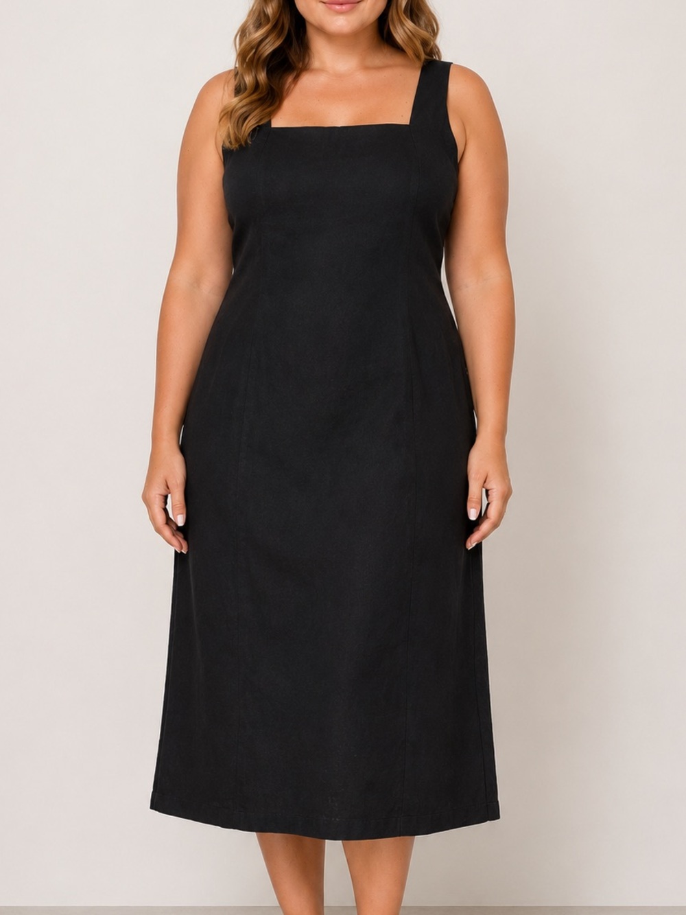 Old Navy Black Linen Blend Square Neck Midi Dress Sleeveless XL NWOT